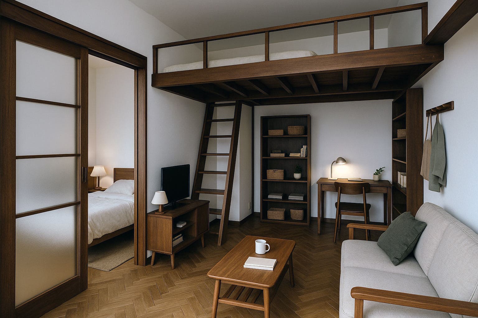 Appartement modulable chaleureux, bois foncé, mezzanine lit, bureau intégré, portes coulissantes, salon cosy, ambiance japonaise rétro.