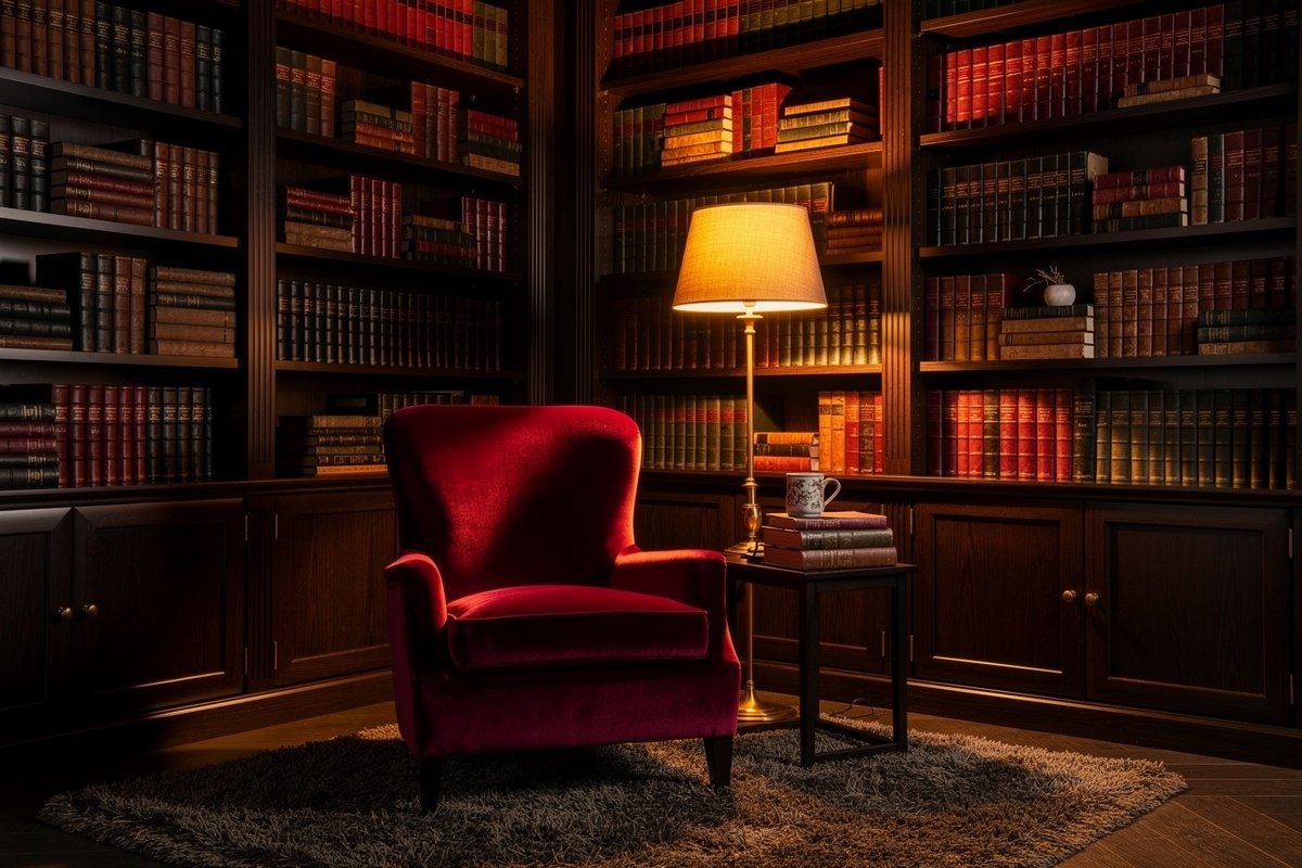 Bibliothèque en bois sombre garnie de livres, fauteuil en velours et tapis profond dans une lumière douce.
