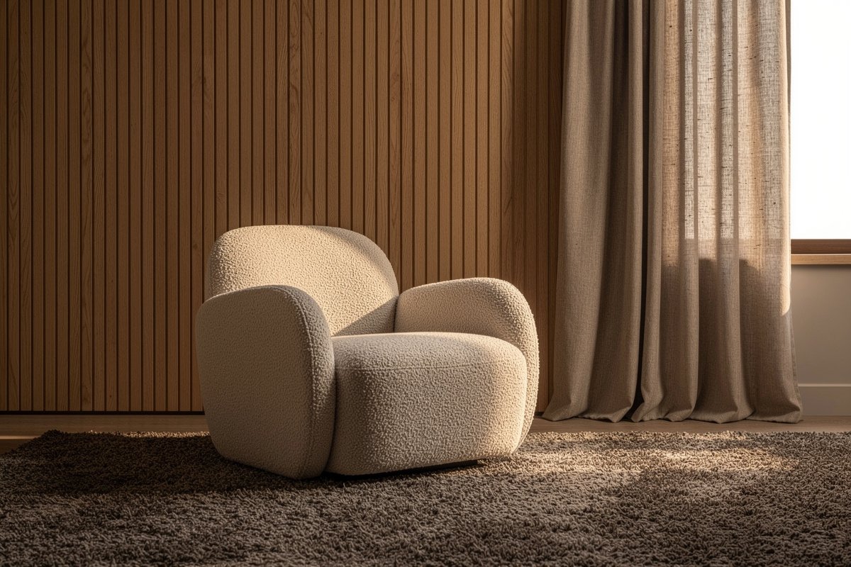 Salon haut de gamme avec fauteuil en laine bouclée, rideaux en lin lourd et tapis épais baignés de lumière naturelle.