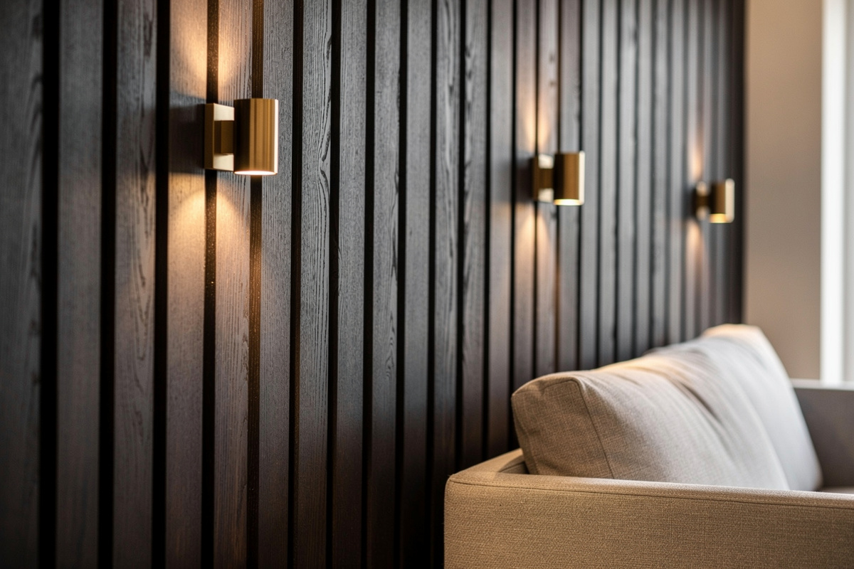Mur de tasseaux en chêne fumé dans un salon moderne