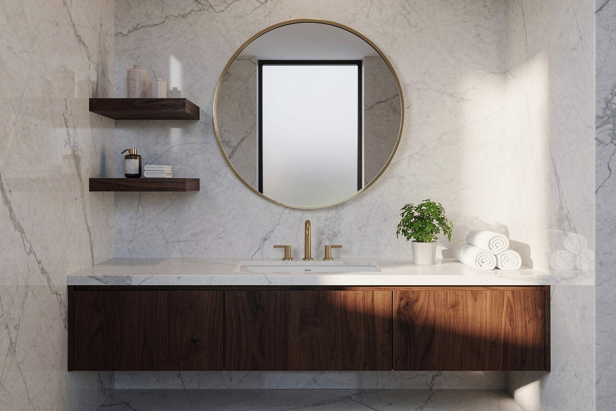Salle de bains avec meuble vasque en noyer foncé et marbre blanc