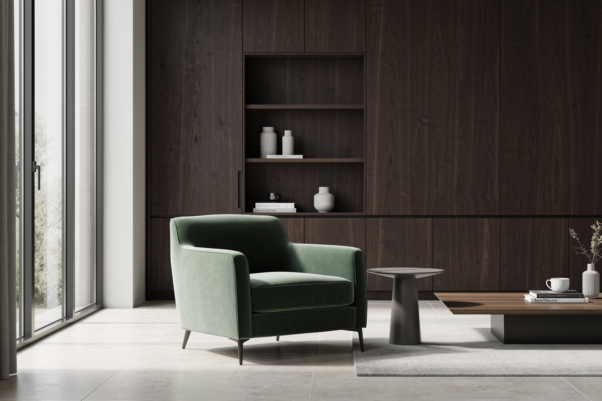 Salon contemporain avec panneaux muraux en noyer foncé et mobilier épuré