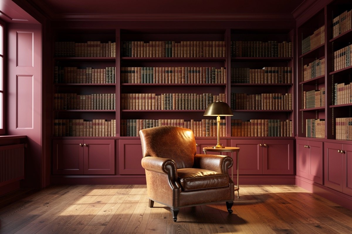 Bibliothèque domestique traitée en couleur immersive bordeaux, bibliothèques intégrées et plafond dans la même teinte.