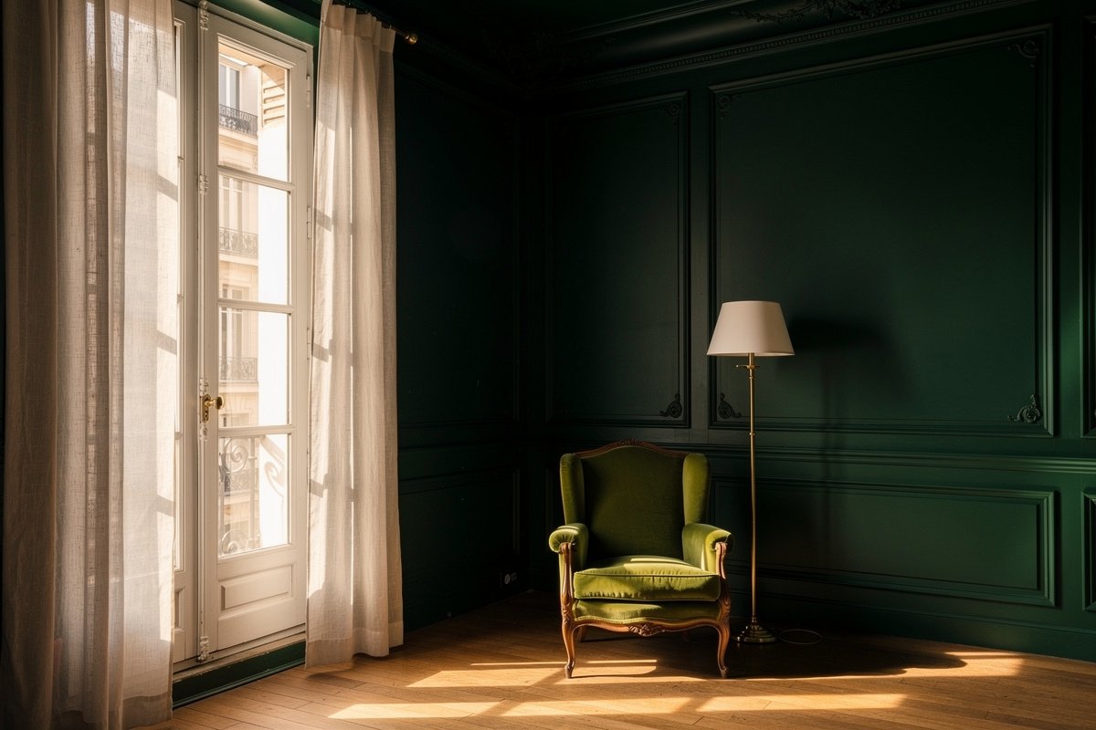 Salon parisien classique entièrement peint en vert sapin sur les murs, le plafond et les moulures.
