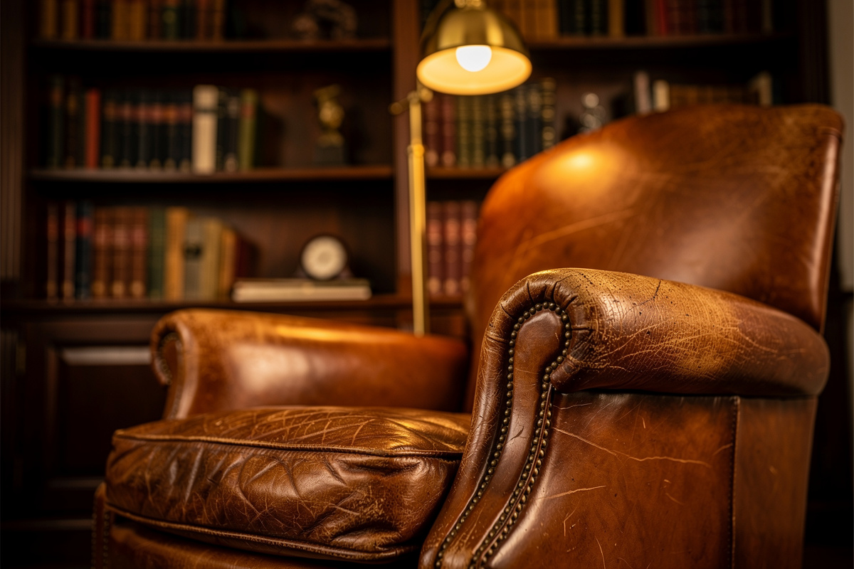 Fauteuil club en cuir cognac usé devant une bibliothèque en bois sombre.