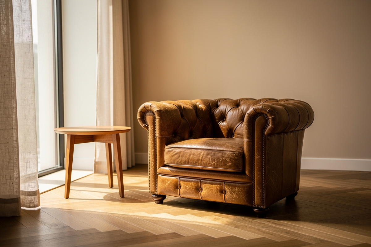 Fauteuil club en cuir patiné tan dans un salon contemporain lumineux.