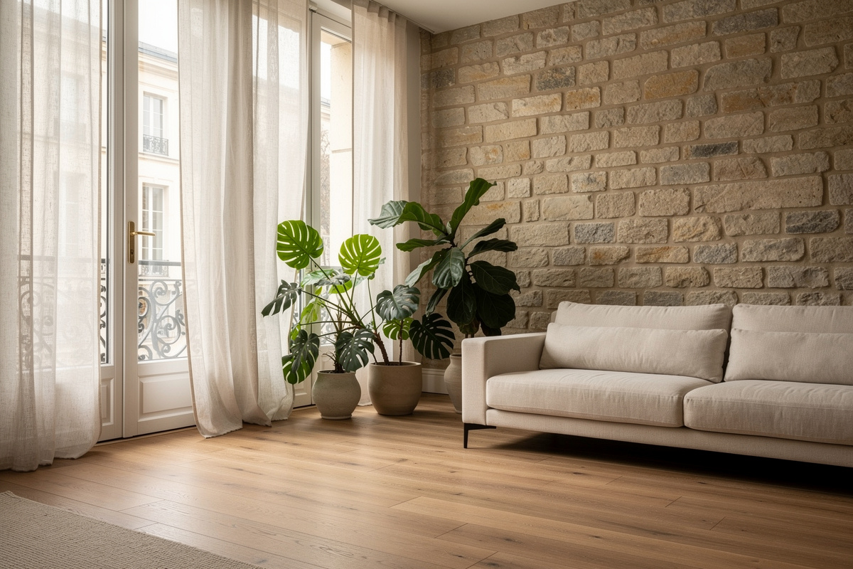 Salon contemporain baigné de lumière naturelle, parquet chêne, mur de pierre, plantes près des grandes baies