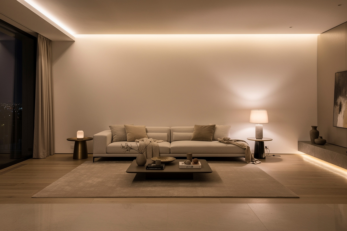 Salon moderne avec lumière d’ambiance indirecte diffusée par une corniche LED en plafond