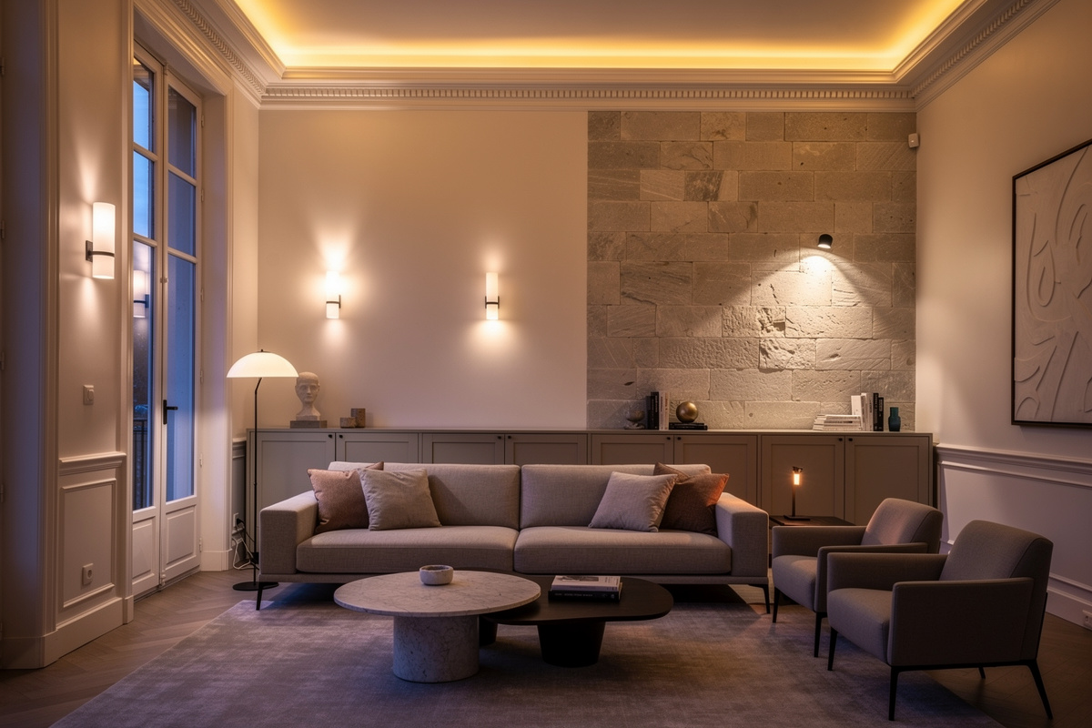 Salon contemporain éclairé par trois couches superposées, corniche LED chaude, applique murale et spot d'accentuation sur un mur de pierre