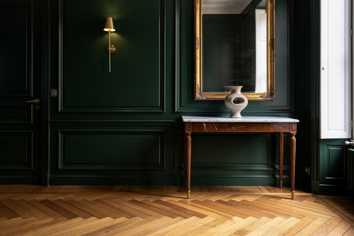 Entrée parisienne haut de gamme avec parquet en chevron, console de marbre, miroir doré et murs vert profond.