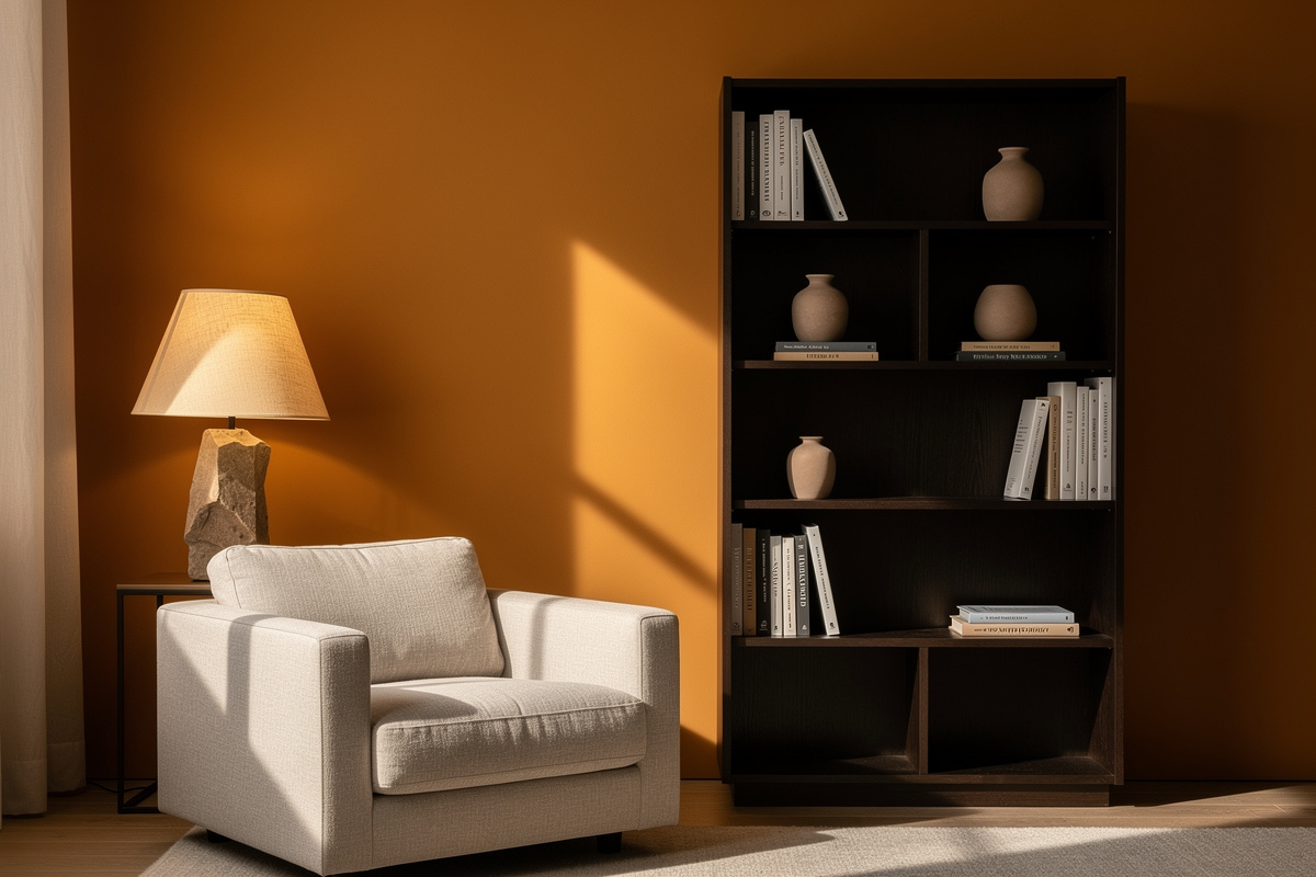 Coin lecture aux tons ocres et bruns chocolatés : bibliothèque foncée, fauteuil greige, lampe à abat-jour parchemin.
