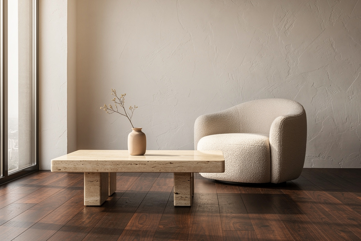 Salon contemporain aux teintes chaudes : parquet en noyer huilé, fauteuil bouclé crème, mur enduit clair, table basse en travertin.