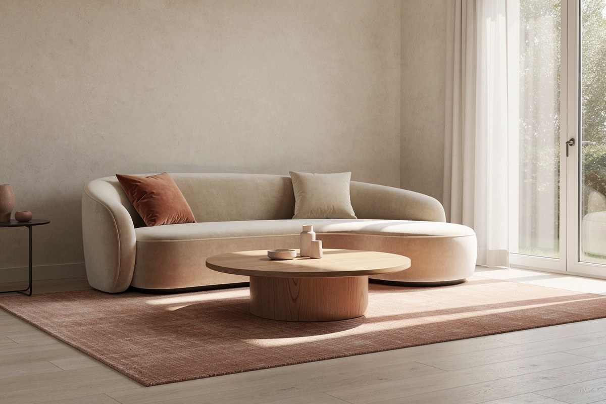 Salon contemporain avec canapé sculptural arrondi en velours crème et table basse en bois ronde