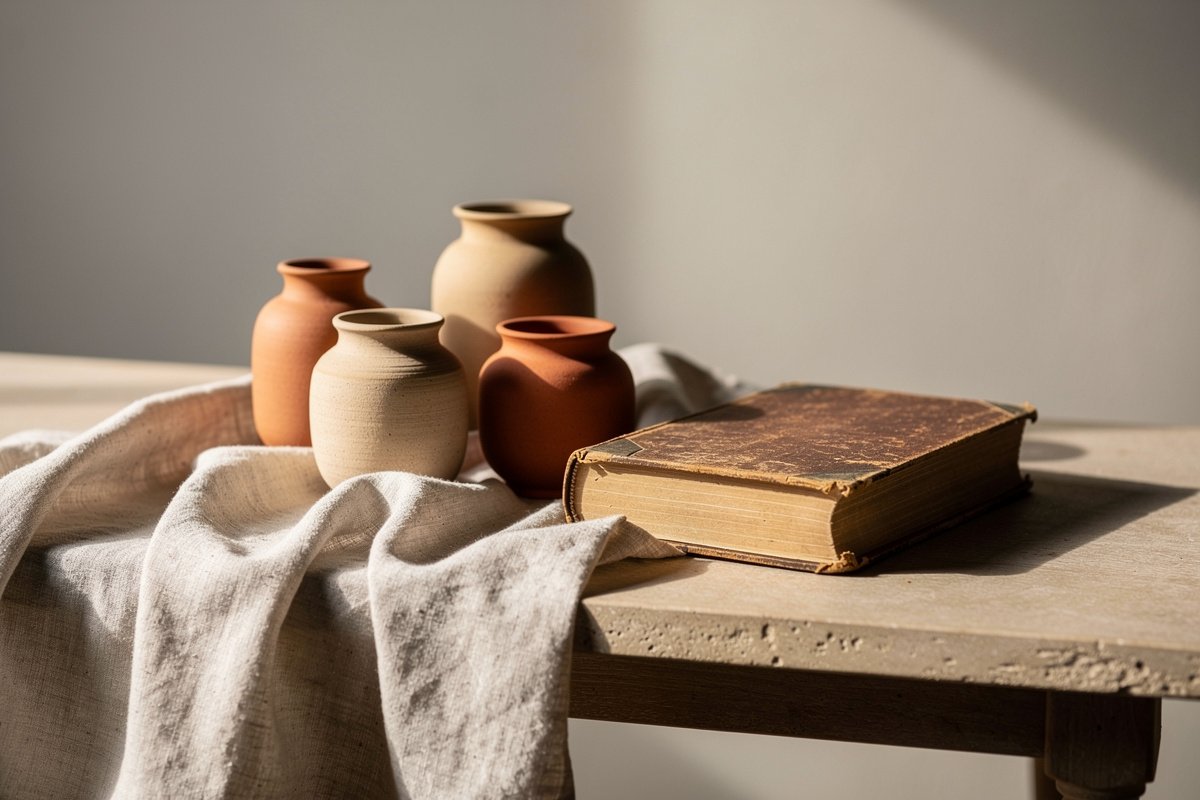 Composition de céramiques artisanales aux tons sable et terracotta sur une table en bois
