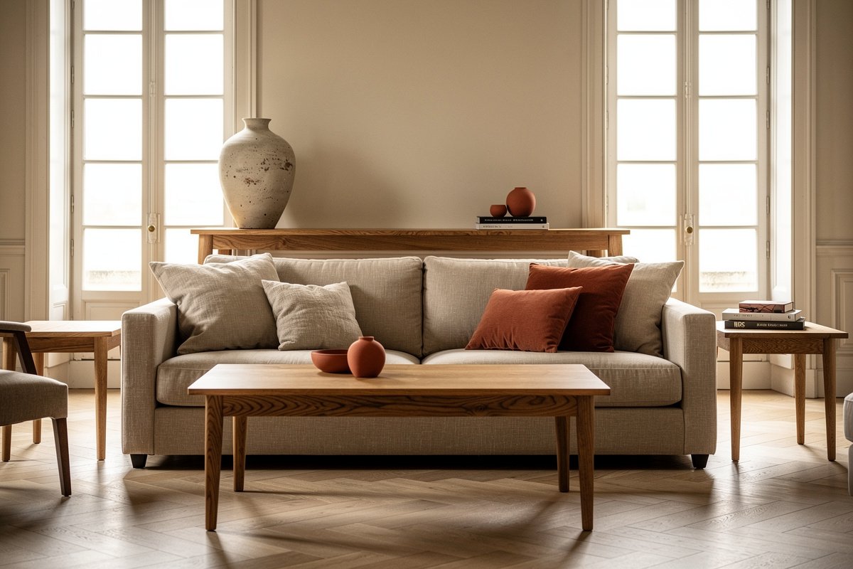 Salon d'inspiration slow déco avec mobilier en chêne, canapé en lin et céramiques artisanales sur console