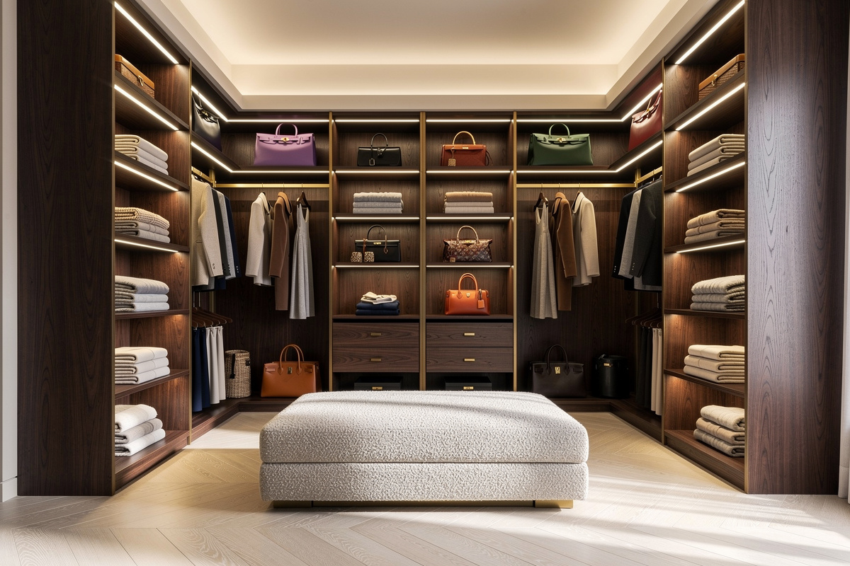 Dressing sur mesure d'une suite parentale, étagères ouvertes en chêne fumé et banquette en bouclette.