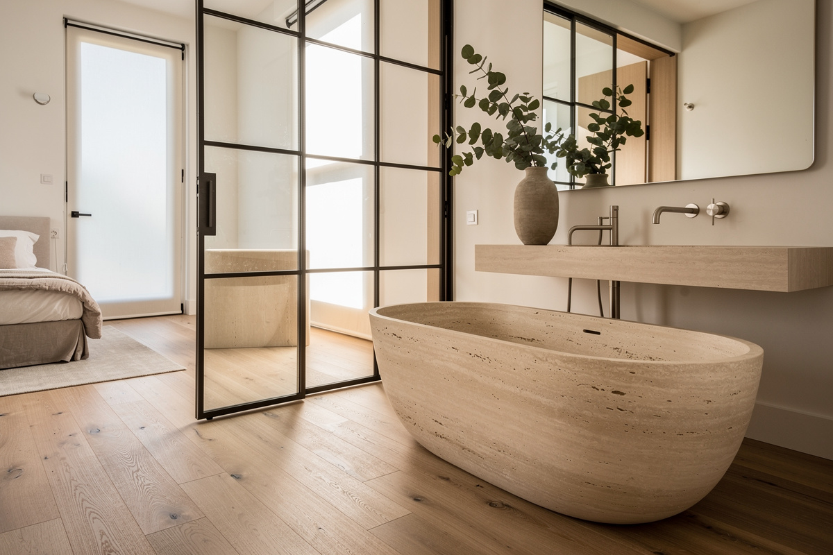 Salle de bain attenante avec baignoire en travertin et paroi vitrée séparant la zone humide.