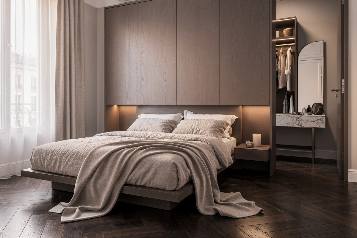 Chambre principale d'une suite parentale avec parquet chêne, lit bas en lin et dressing ouvert en arrière-plan.