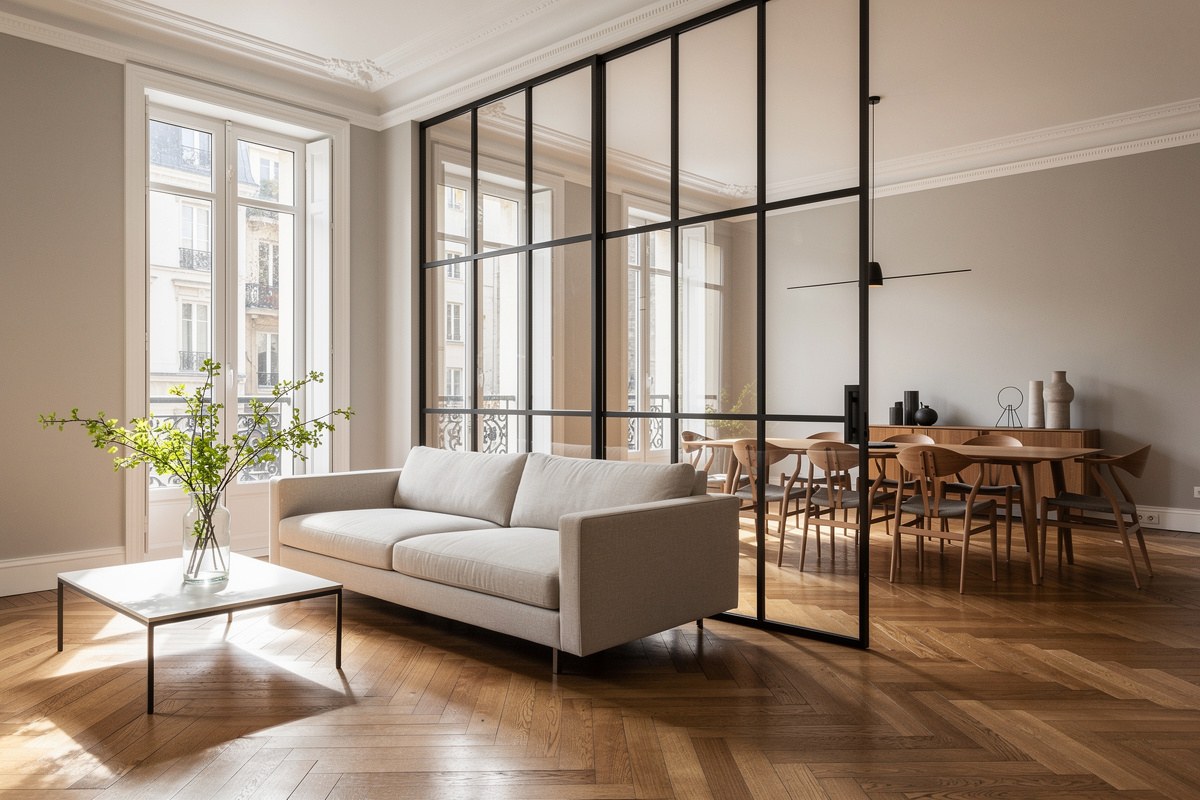 Verrière en acier noir séparant un salon haussmannien d'une salle à manger, lumière naturelle traversante.