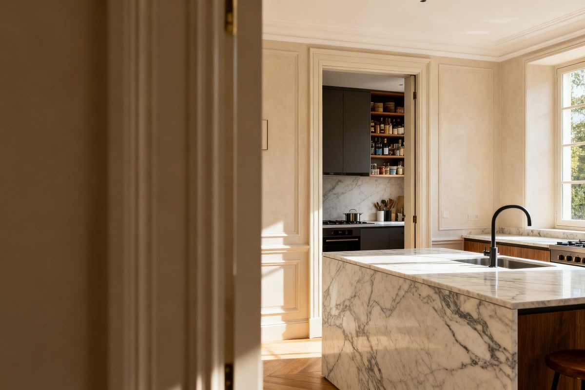 Cuisine ouverte contemporaine avec îlot, prolongée par une arrière-cuisine discrète en enfilade