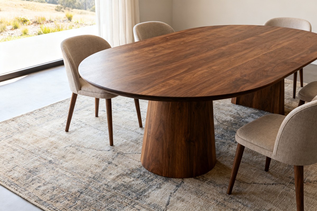 Table ronde en bois entourée de chaises rembourrées, grand tapis au sol, lumière naturelle du jour