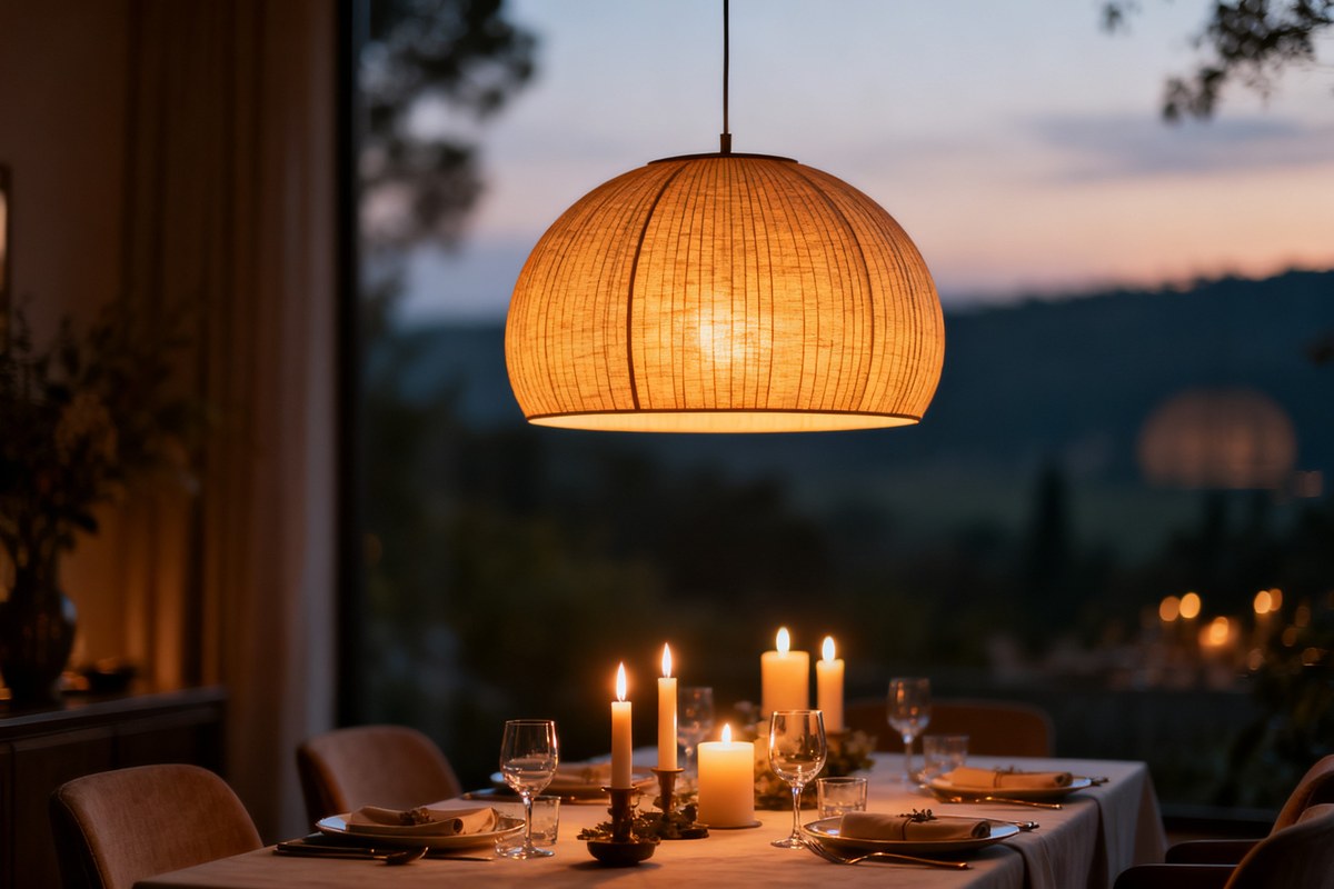 Suspension design diffusant une lumière chaude au-dessus d'une table dressée le soir, bougies allumées