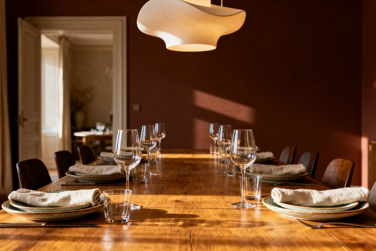 Table de salle à manger dressée avec vaisselle, verres et suspension lumineuse dans un intérieur raffiné
