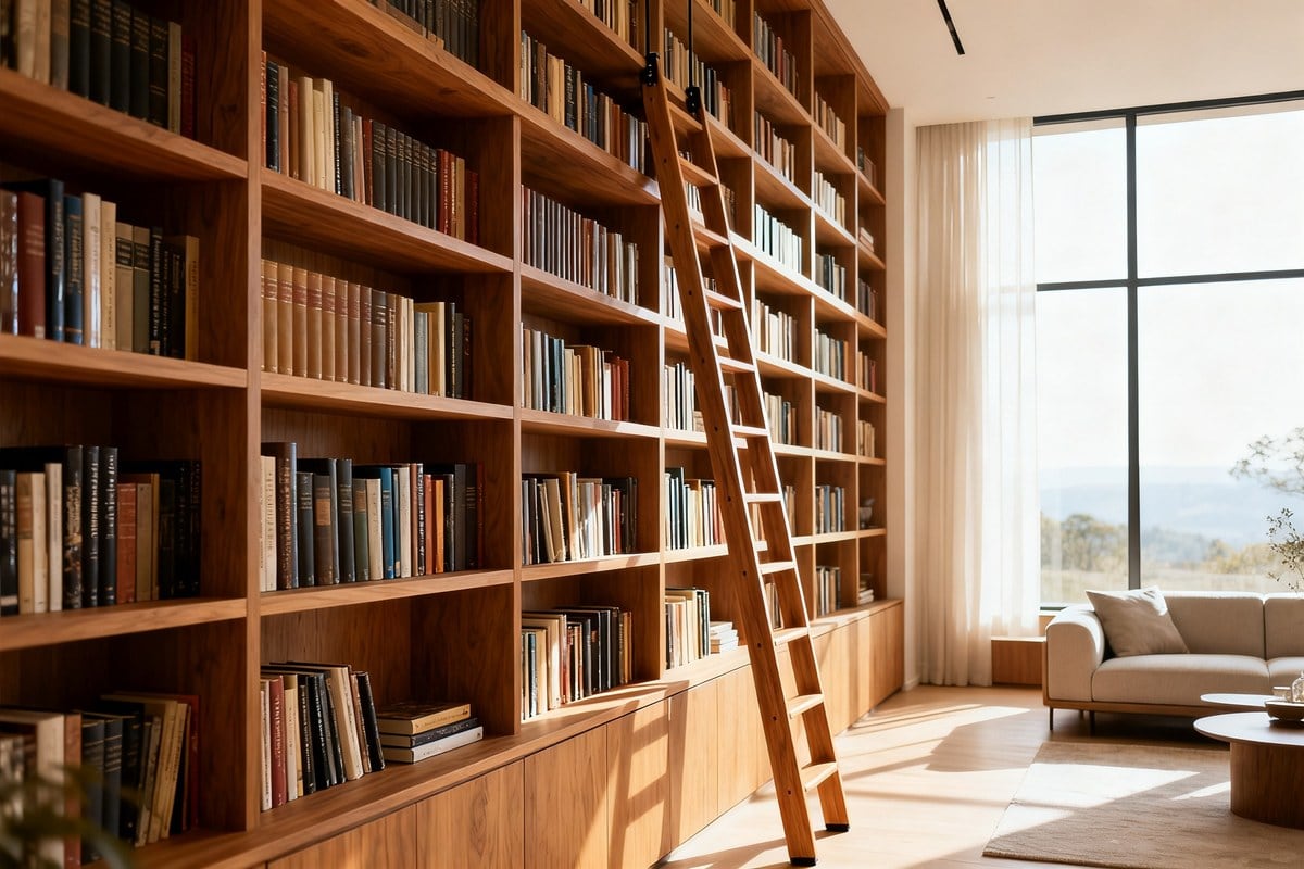 Bibliothèque sur-mesure montant du sol au plafond dans un salon clair, avec une échelle en bois