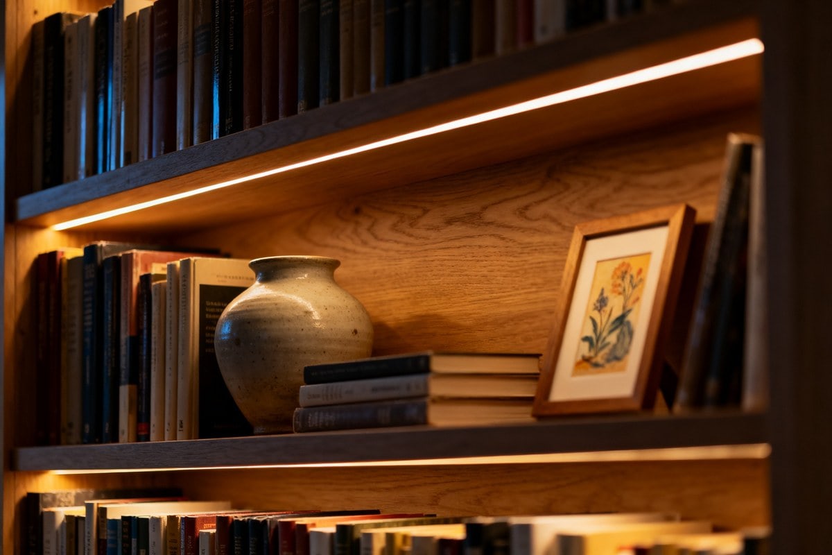 Rayonnages mêlant livres, une céramique et un cadre, éclairés par une réglette sous tablette