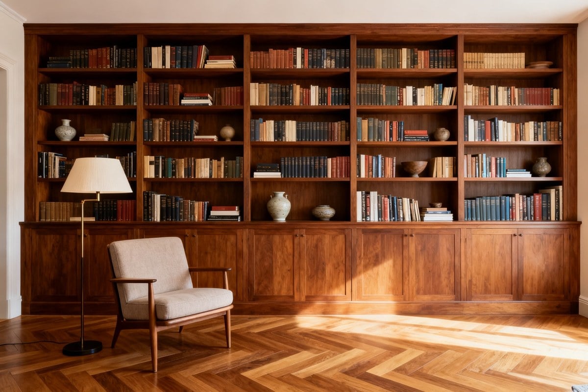 Grande bibliothèque en bois occupant tout un mur d'un salon élégant avec un fauteuil de lecture