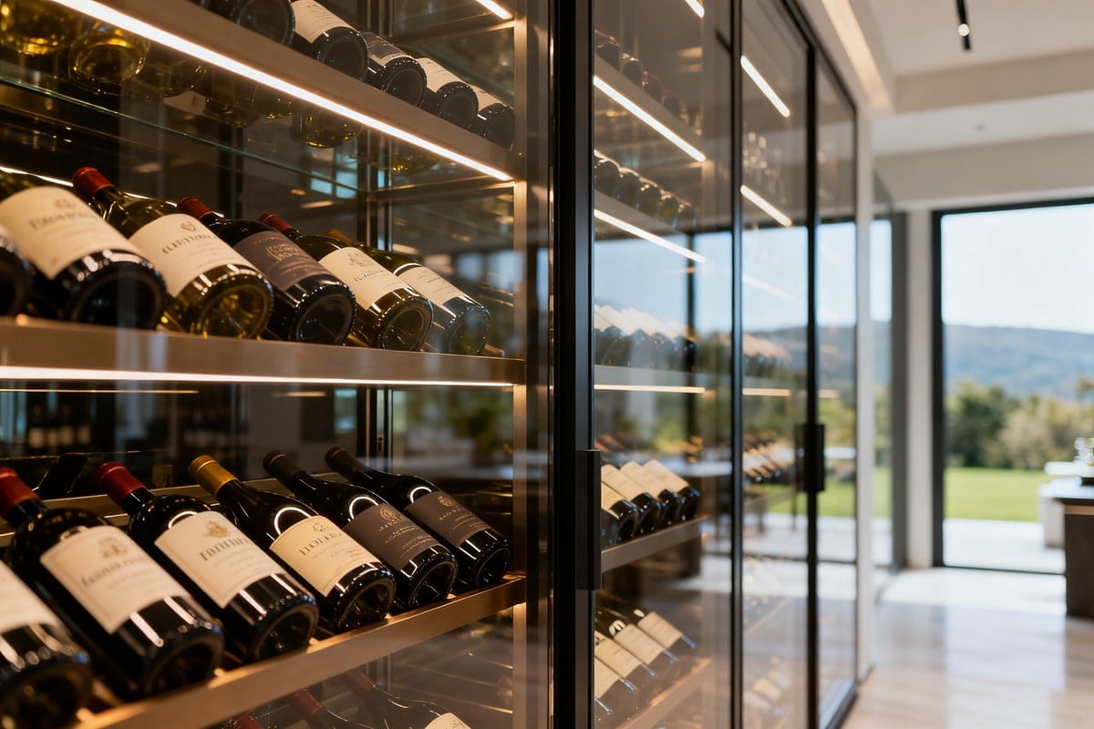 Cave à vin vitrée et climatisée dans une maison contemporaine