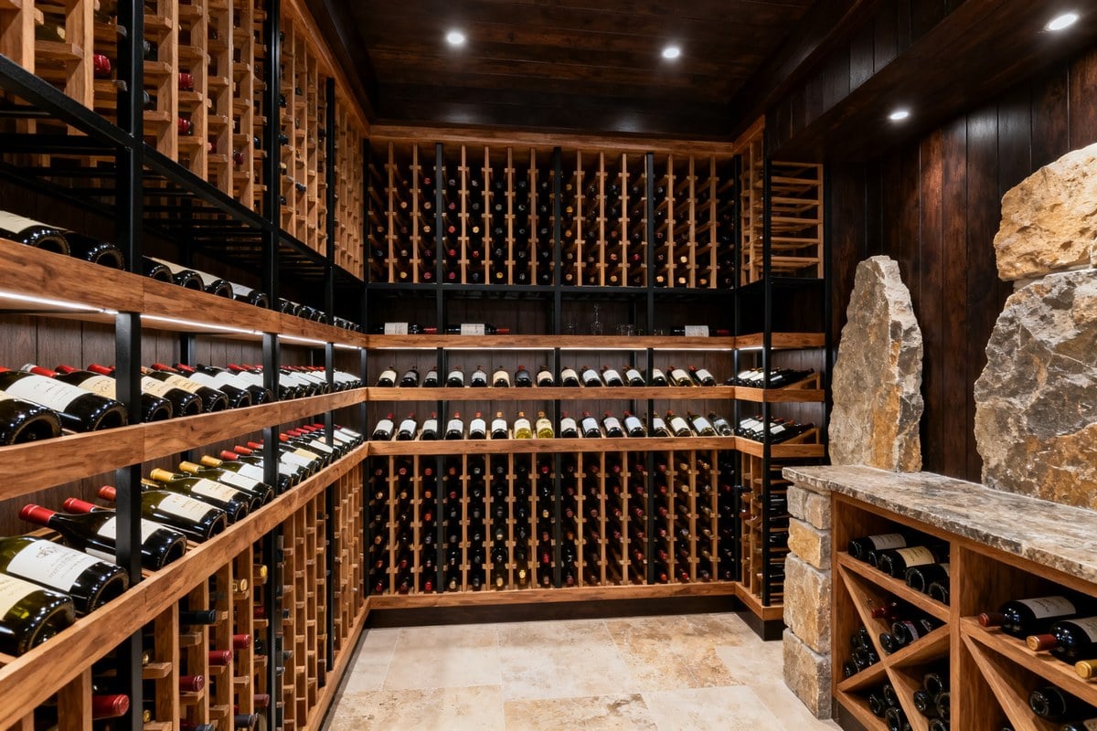 Cave à vin privée avec casiers en bois et métal garnis de bouteilles