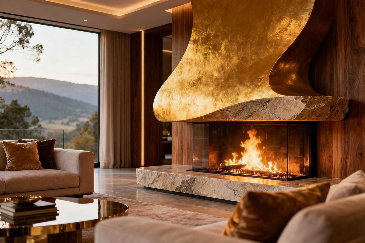 Cheminée contemporaine sculpturale habillée de pierre dans un salon haut de gamme ouvert sur le paysage