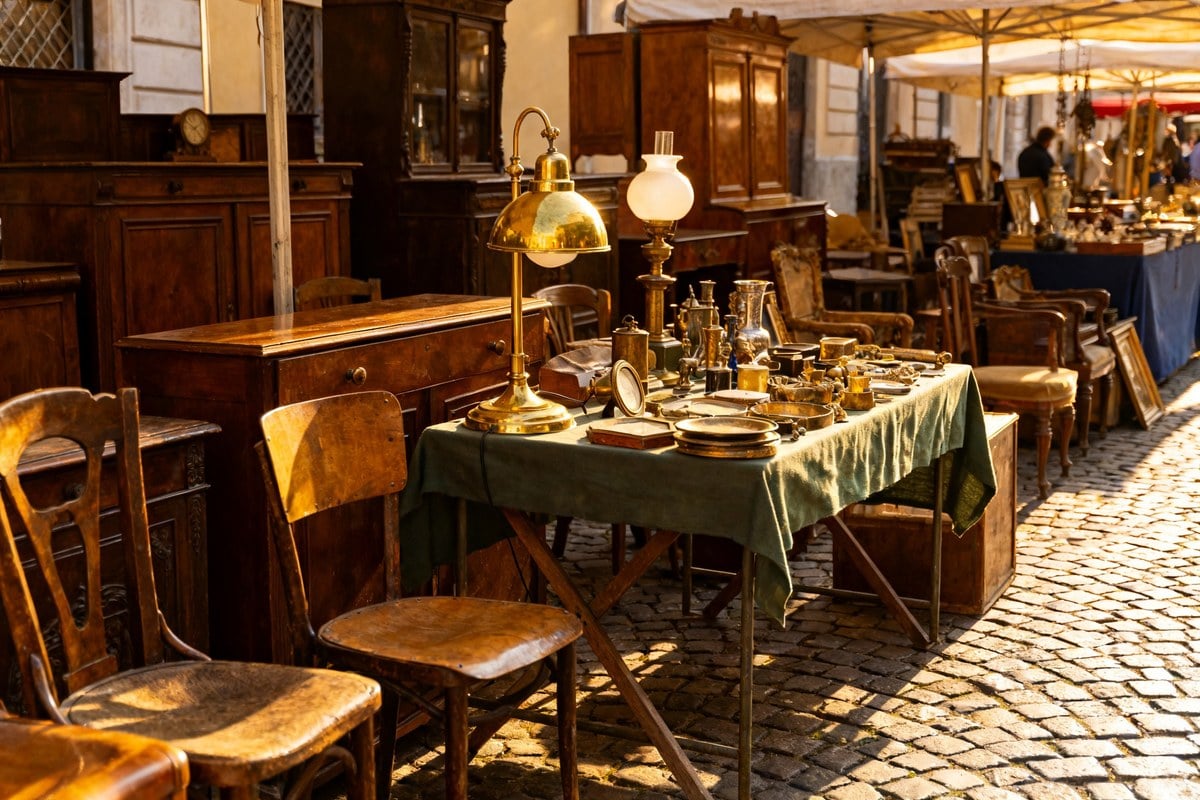 Étals d'une brocante en plein air avec meubles anciens, chaises et objets en bois alignés.