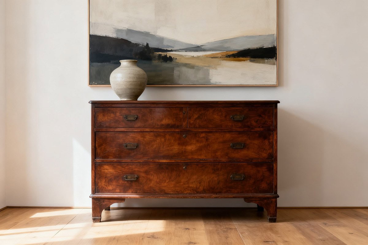 Commode ancienne en noyer placée sous une grande œuvre contemporaine dans un séjour clair.