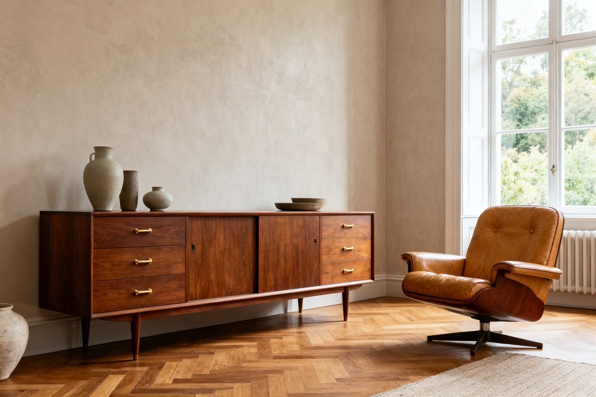 Séjour contemporain épuré meublé d'une enfilade vintage en noyer et d'un fauteuil des années 1950.
