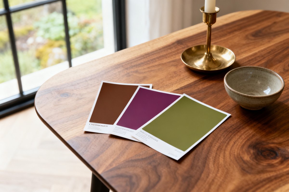 Échantillons de peinture marron, prune et vert olive posés sur une table en chêne près d'un bougeoir en laiton