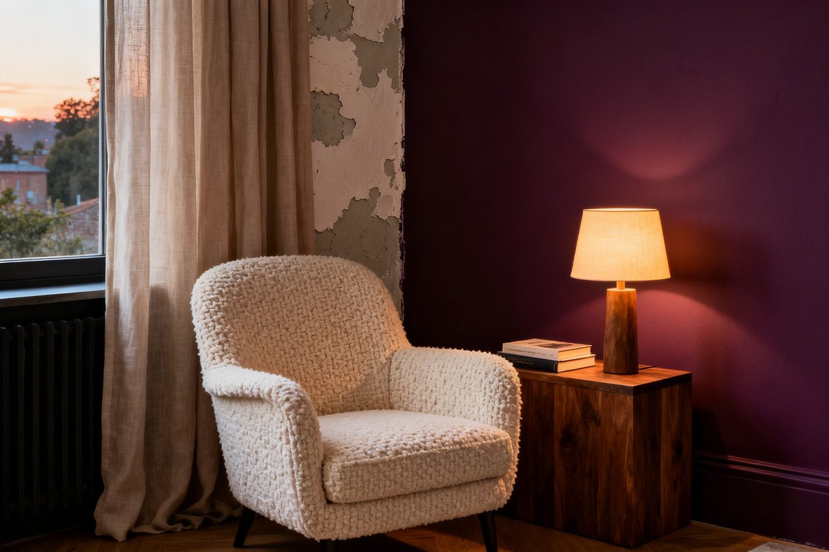 Coin lecture au mur prune avec fauteuil en laine bouclée, rideaux en lin et lampe allumée