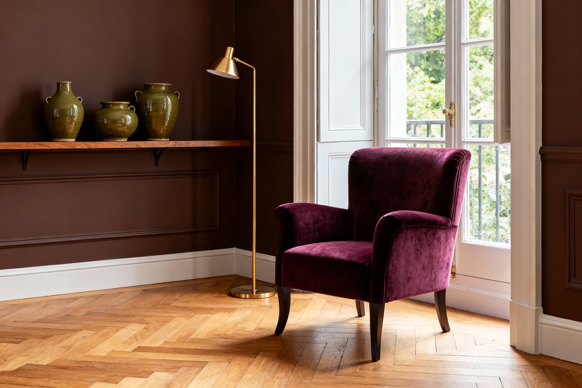 Salon avec mur marron cacao, fauteuil prune en velours et céramiques vert olive sur parquet chêne
