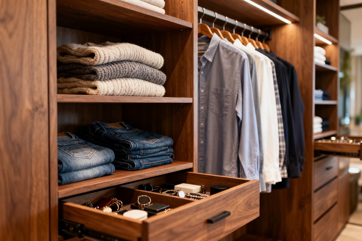 Intérieur de dressing organisé avec étagères de pulls pliés, chemises sur tringle et tiroirs