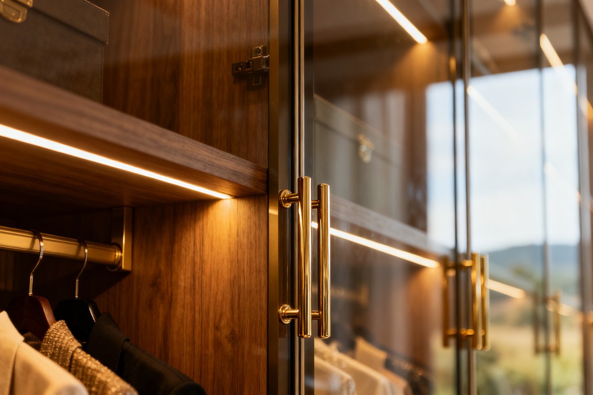Détail d'un dressing avec rubans LED sous les étagères, façades en verre fumé et poignées en laiton