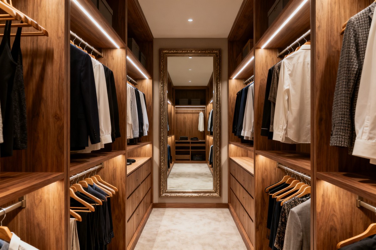 Dressing sur-mesure en bois avec penderies, etageres et grand miroir dans un interieur raffine