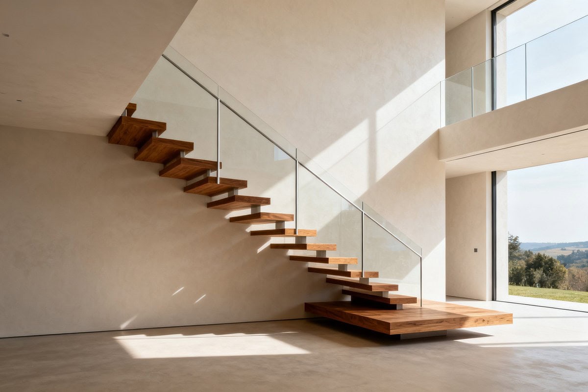 Escalier suspendu aux marches de chêne semblant flotter le long d'un mur clair