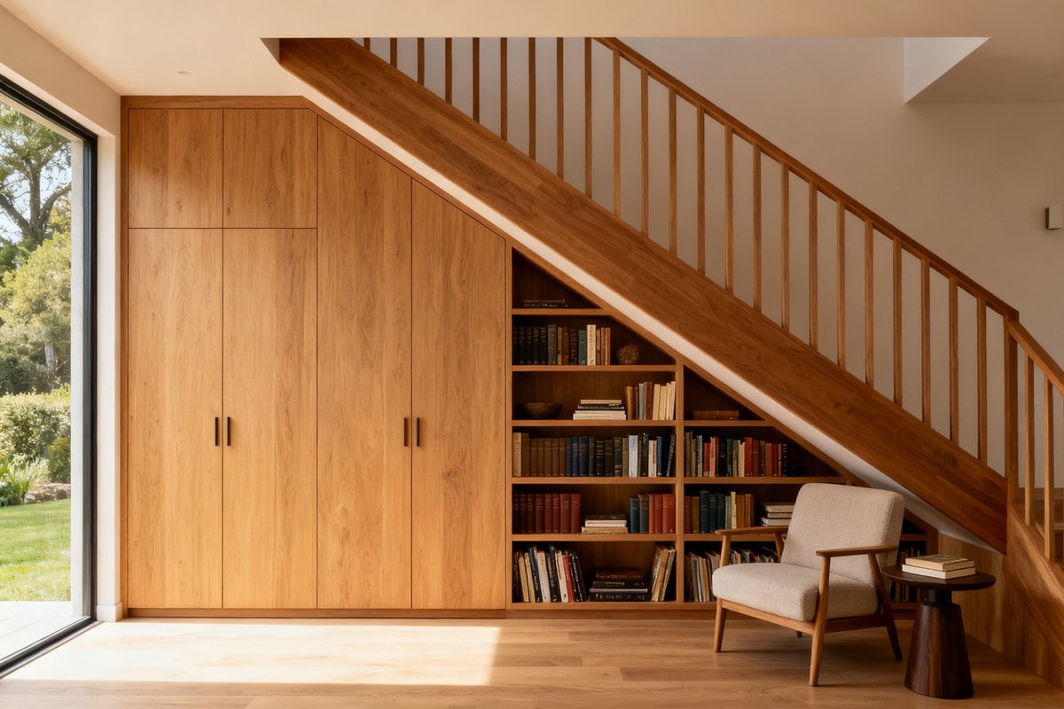 Rangements et bibliothèque intégrés sur-mesure sous une volée d'escalier en bois