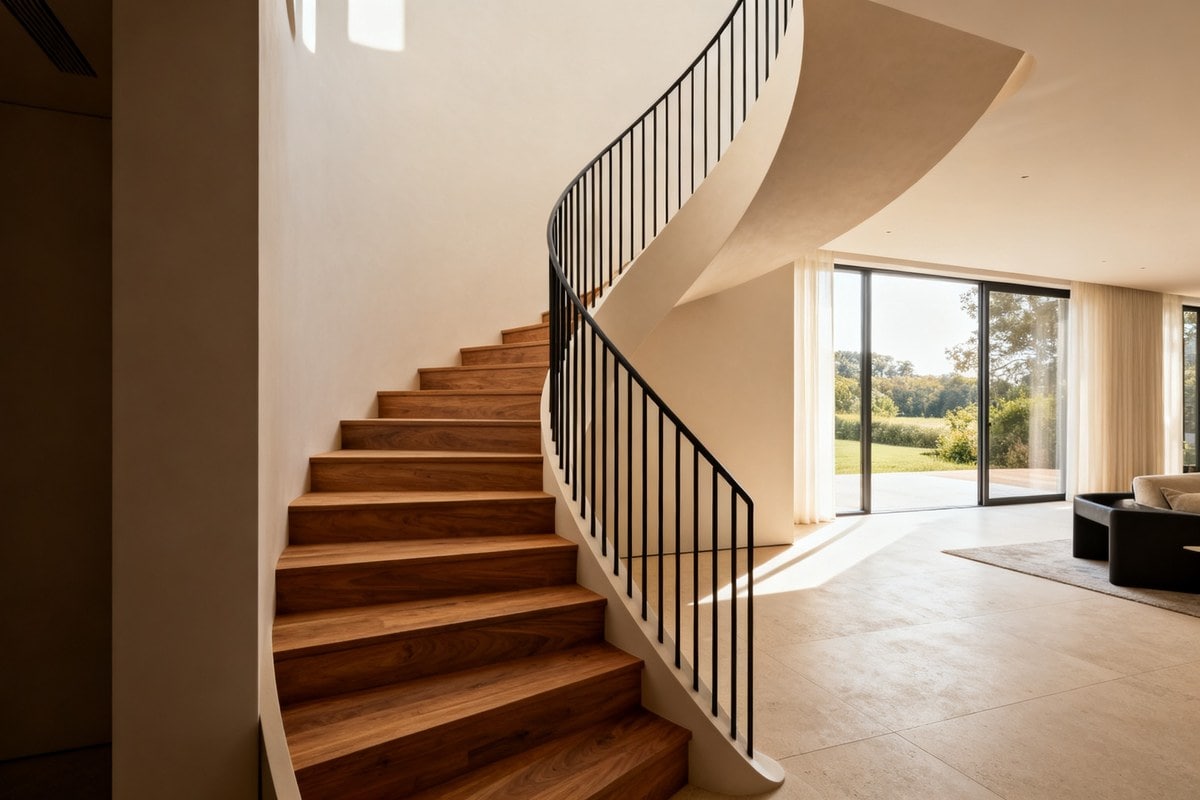 Escalier sculptural en chêne et acier noir dans un séjour lumineux haut de gamme