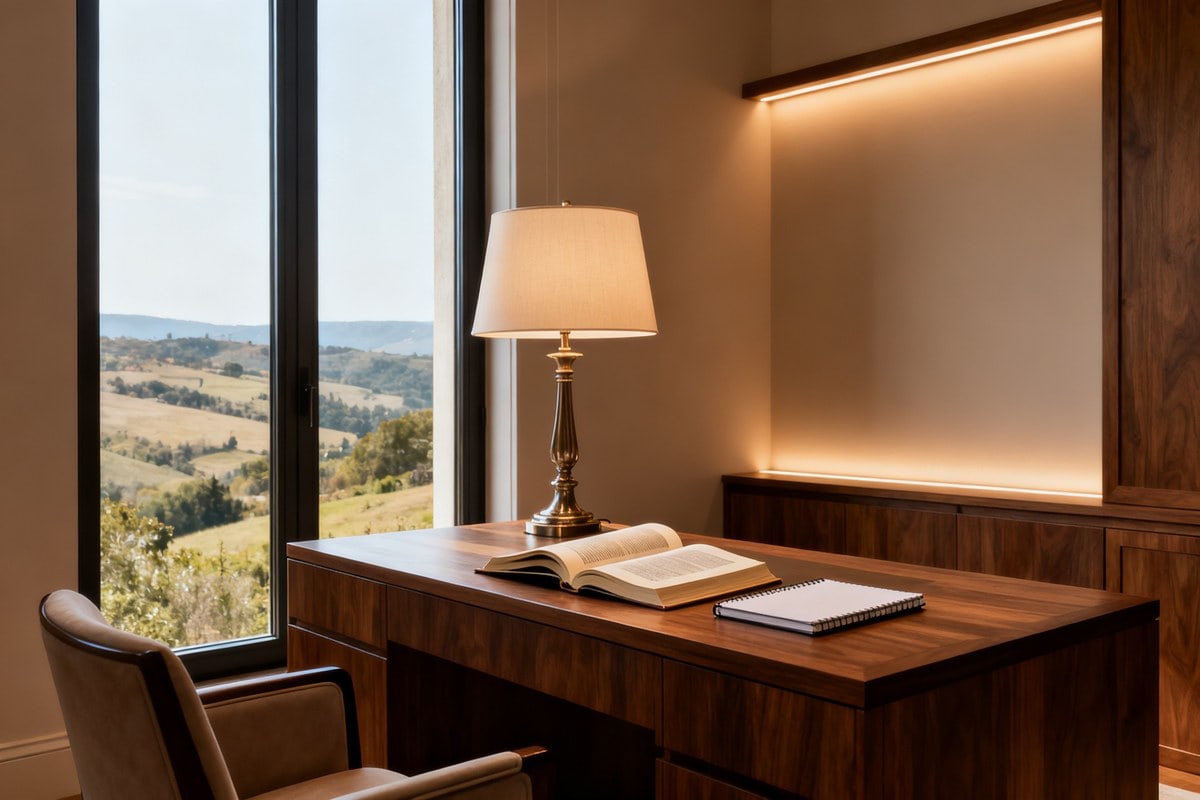 Bureau baigné de lumière naturelle, lampe d'architecte et éclairage indirect dans des tons bois
