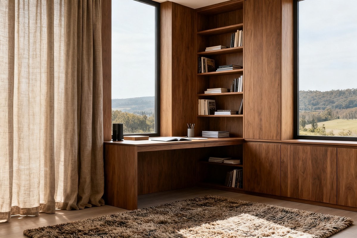Coin bureau ordonné avec rangements en bois sur-mesure, tapis épais et rideaux en lin