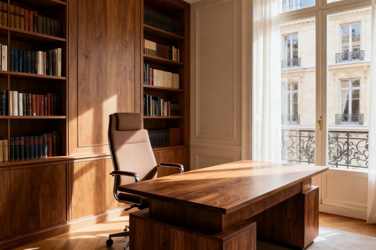 Bureau en bois massif près d’une grande fenêtre, fauteuil ergonomique et bibliothèque dans un appartement
