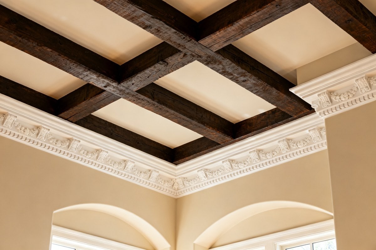 Plafond intérieur habillé de poutres en bois sombre et de moulures en plâtre clair