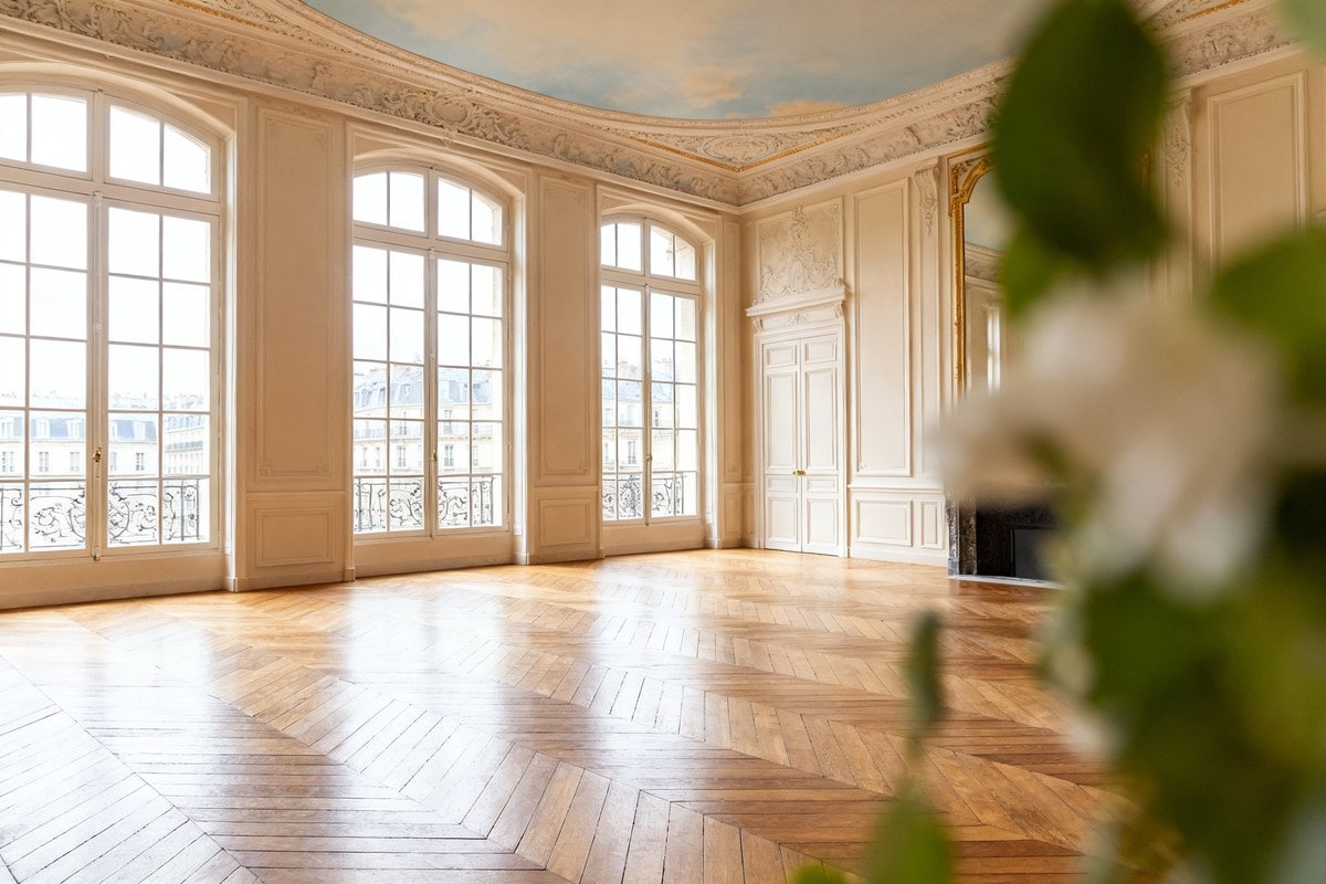 Grande pièce de style haussmannien avec plafond très haut, hautes fenêtres et corniches ornées